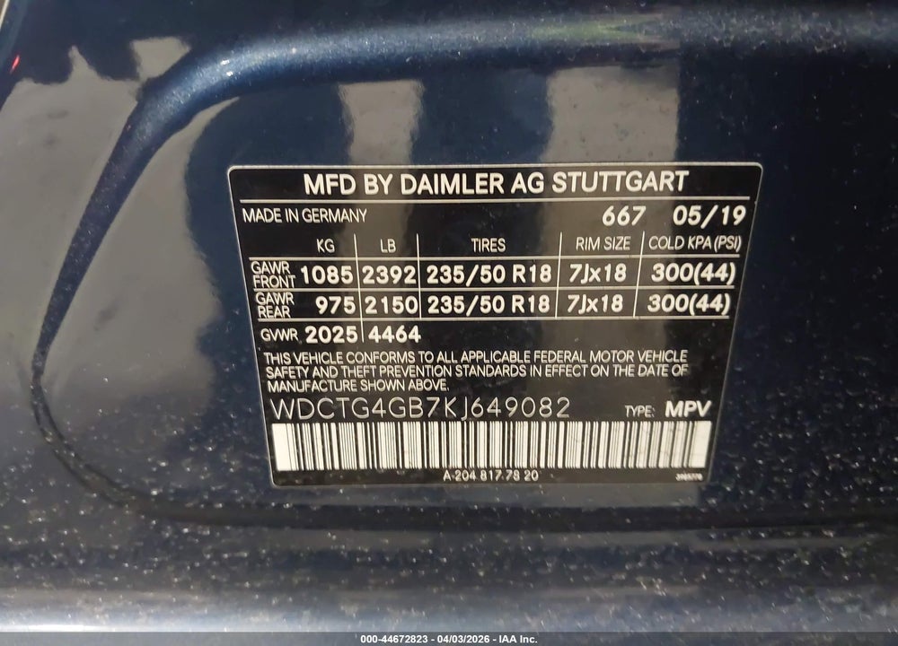 2019 MERCEDES-BENZ GLA 250 4MATIC VIN: WDCTG4GB7KJ649082