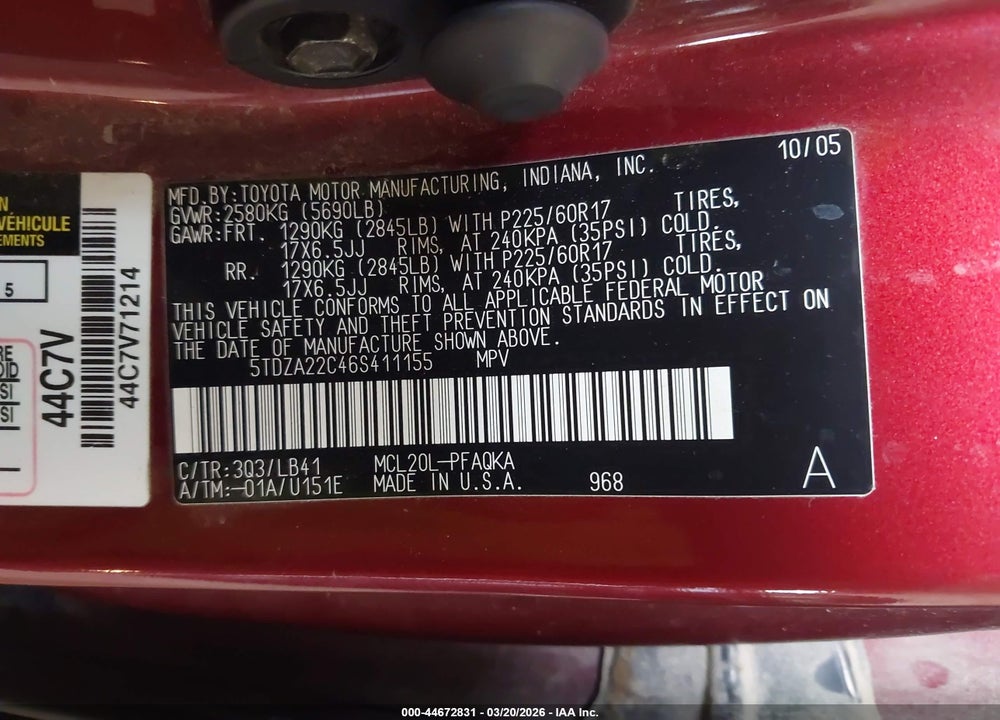 2006 TOYOTA SIENNA XLE LIMITED VIN: 5TDZA22C46S411155