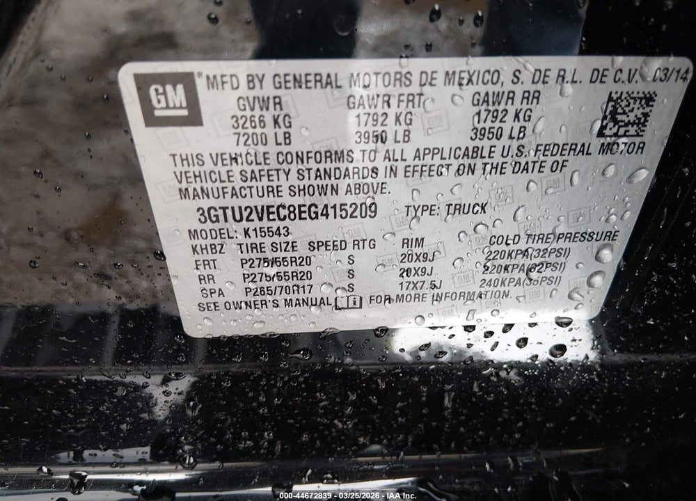 2014 GMC SIERRA VIN: 3GTU2VEC8EG415209