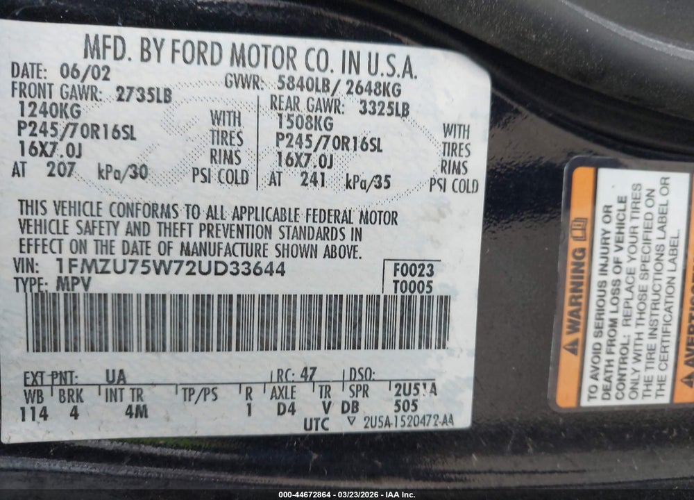 2002 FORD EXPLORER LIMITED VIN: 1FMZU75W72UD33644