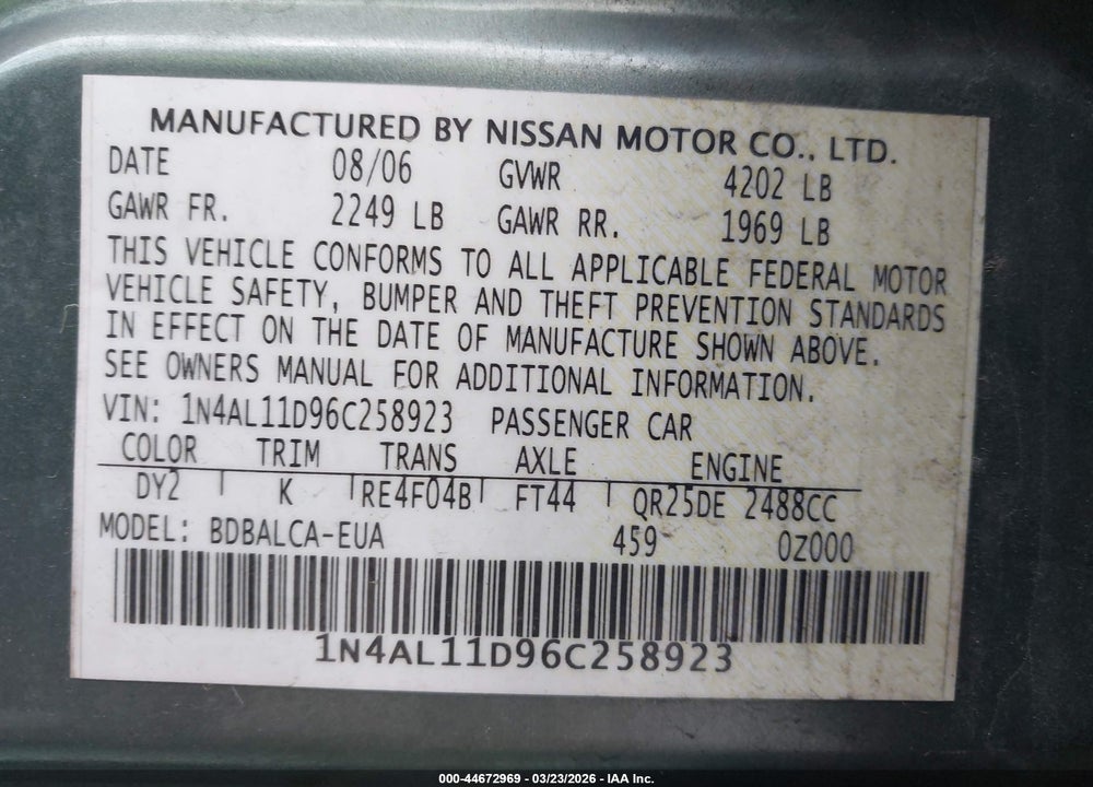 2006 NISSAN ALTIMA 2.5 S VIN: 1N4AL11D96C258923