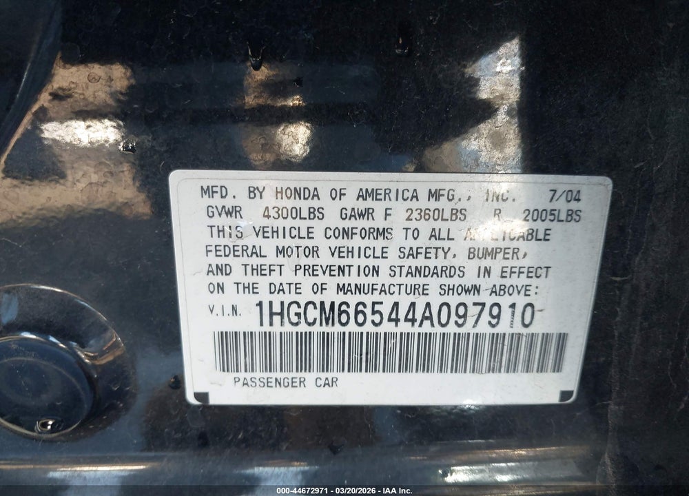 2004 HONDA ACCORD 3.0 EX VIN: 1HGCM66544A097910