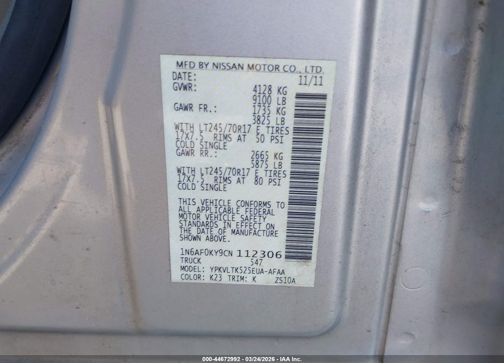 2012 NISSAN NV 2500 NV2500 HD SV V8 VIN: 1N6AF0KY9CN112306