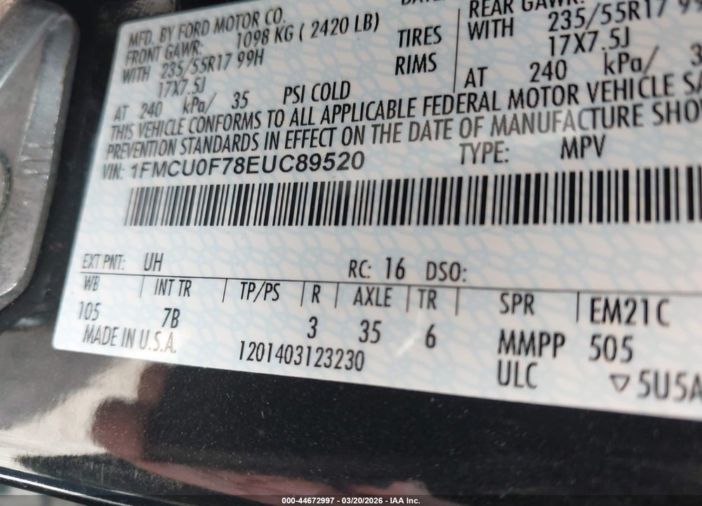 2014 FORD ESCAPE S VIN: 1FMCU0F78EUC89520