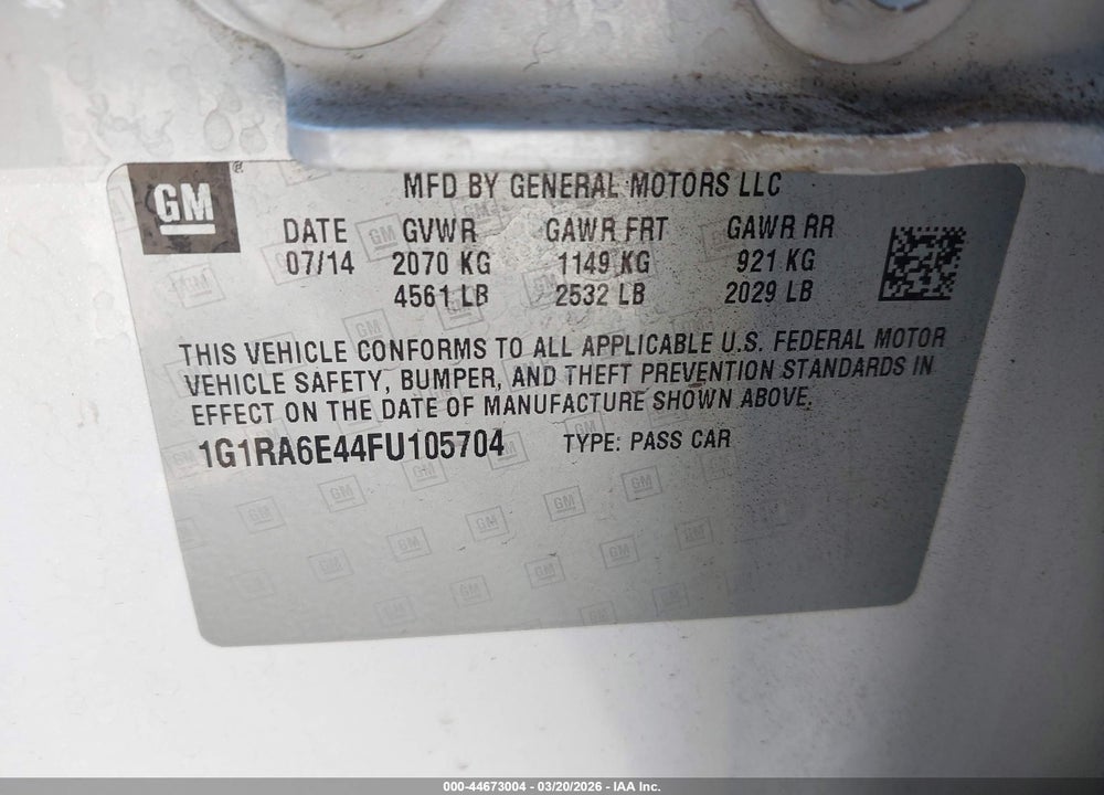 2015 CHEVROLET VOLT VIN: 1G1RA6E44FU105704