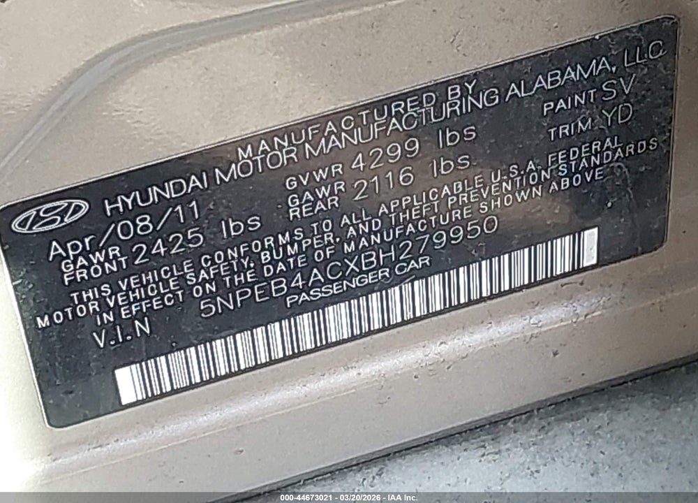 2011 HYUNDAI SONATA GLS VIN: 5NPEB4ACXBH279950