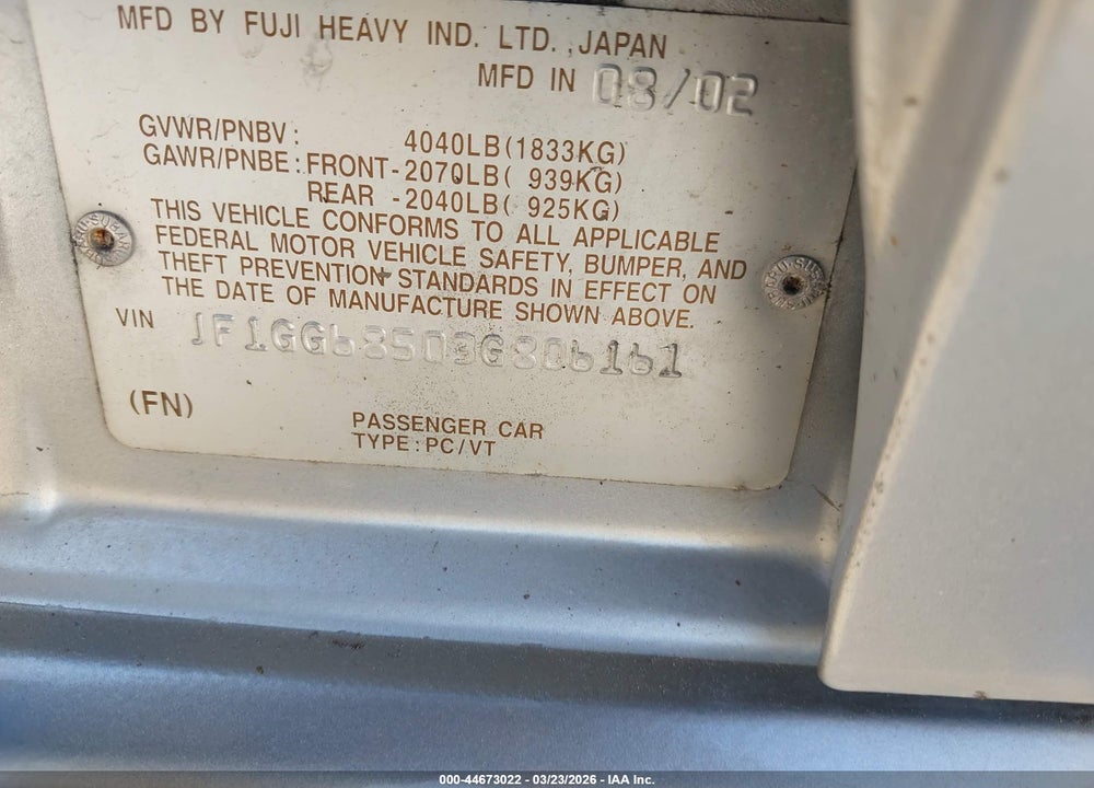 2003 SUBARU IMPREZA OUTBACK SPORT VIN: JF1GG68503G806161