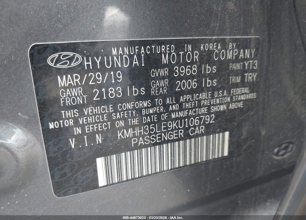 2019 HYUNDAI ELANTRA GT VIN: KMHH35LE9KU106792