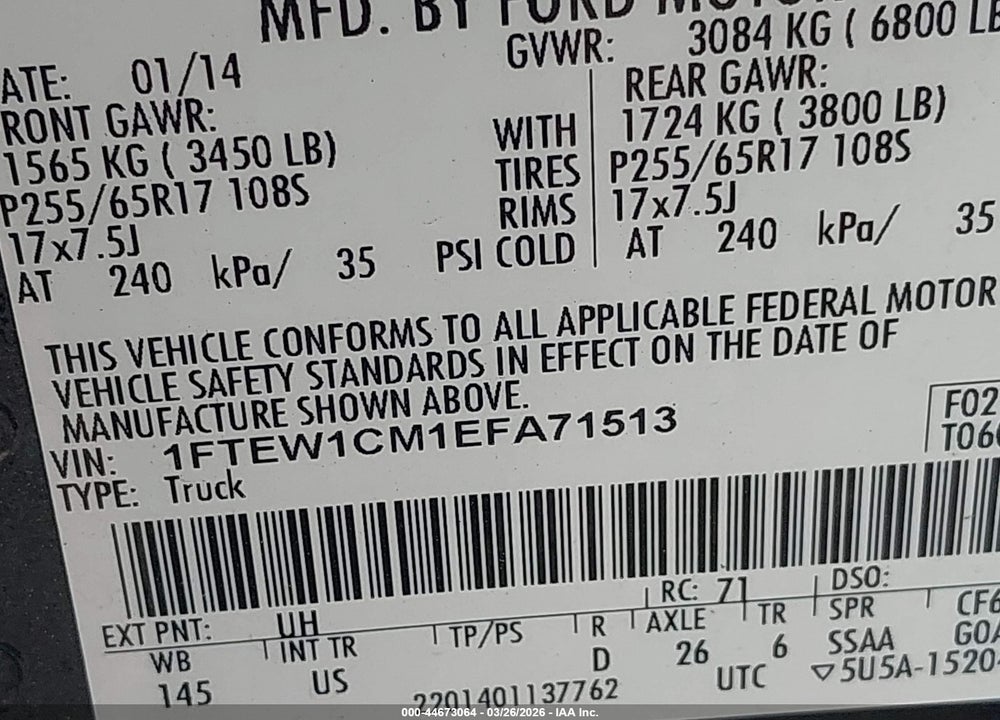 2014 FORD F-150 XLT VIN: 1FTEW1CM1EFA71513