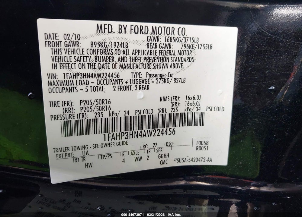 2010 FORD FOCUS SEL VIN: 1FAHP3HN4AW224456