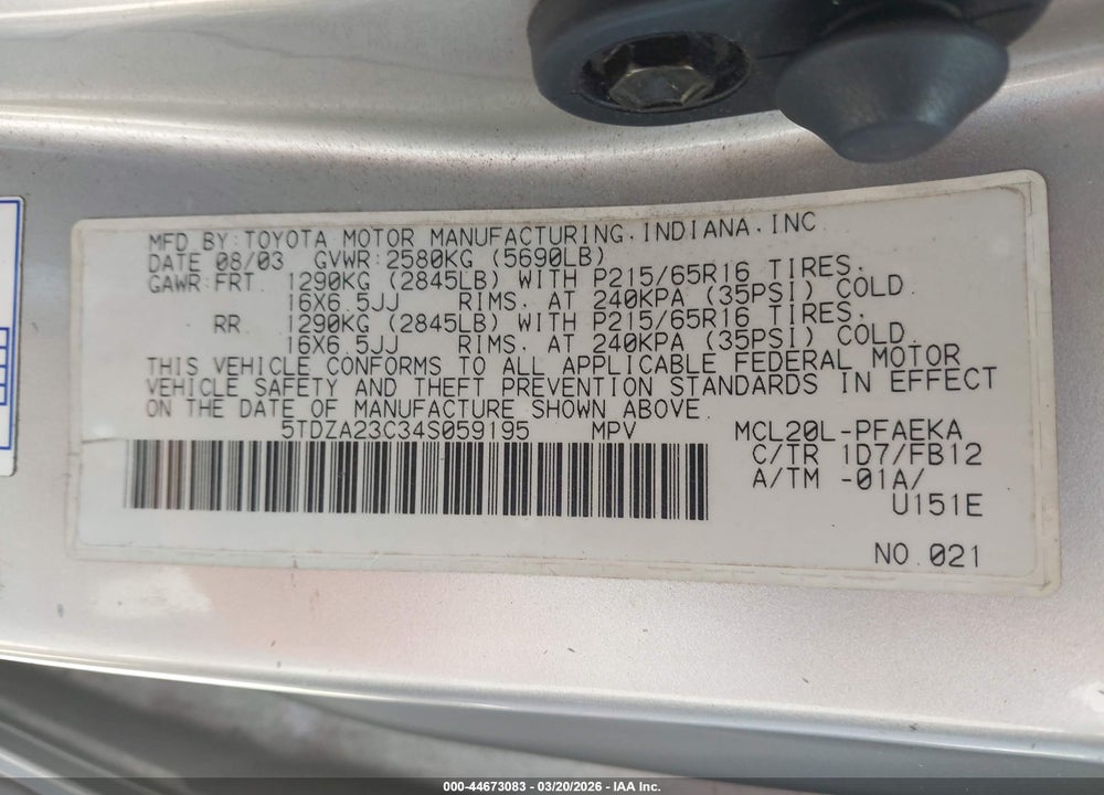 2004 TOYOTA SIENNA LE VIN: 5TDZA23C34S059195