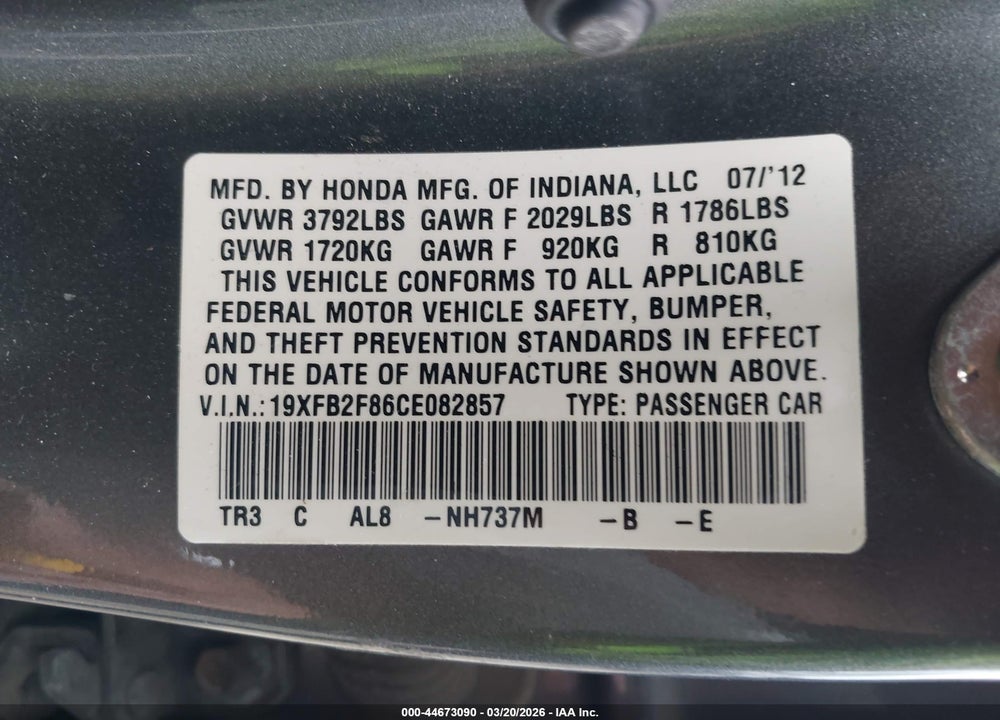 2012 HONDA CIVIC EX VIN: 19XFB2F86CE082857