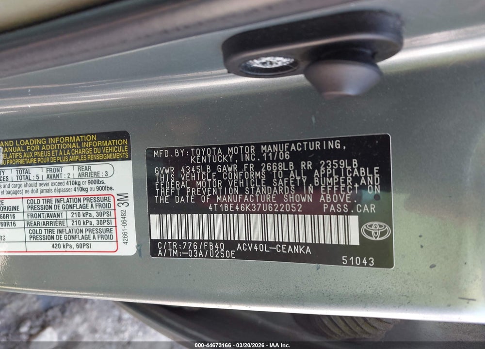 2007 TOYOTA CAMRY CE VIN: 4T1BE46K37U622052