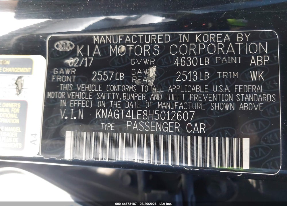 2017 KIA OPTIMA HYBRID VIN: KNAGT4LE8H5012607