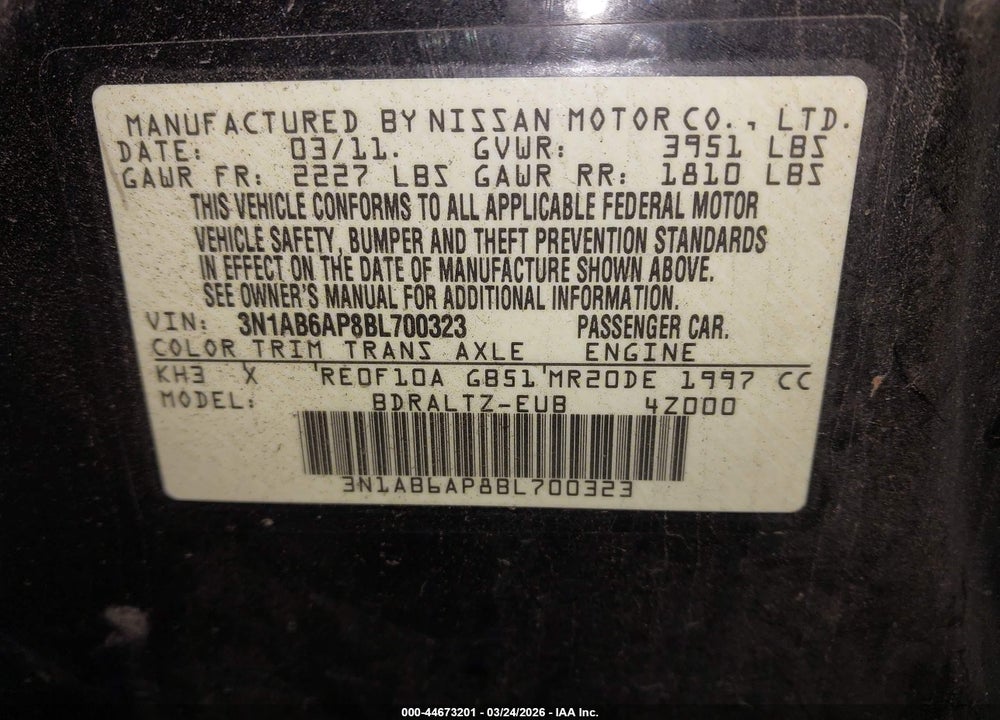 2011 NISSAN SENTRA 2.0S VIN: 3N1AB6AP8BL700323