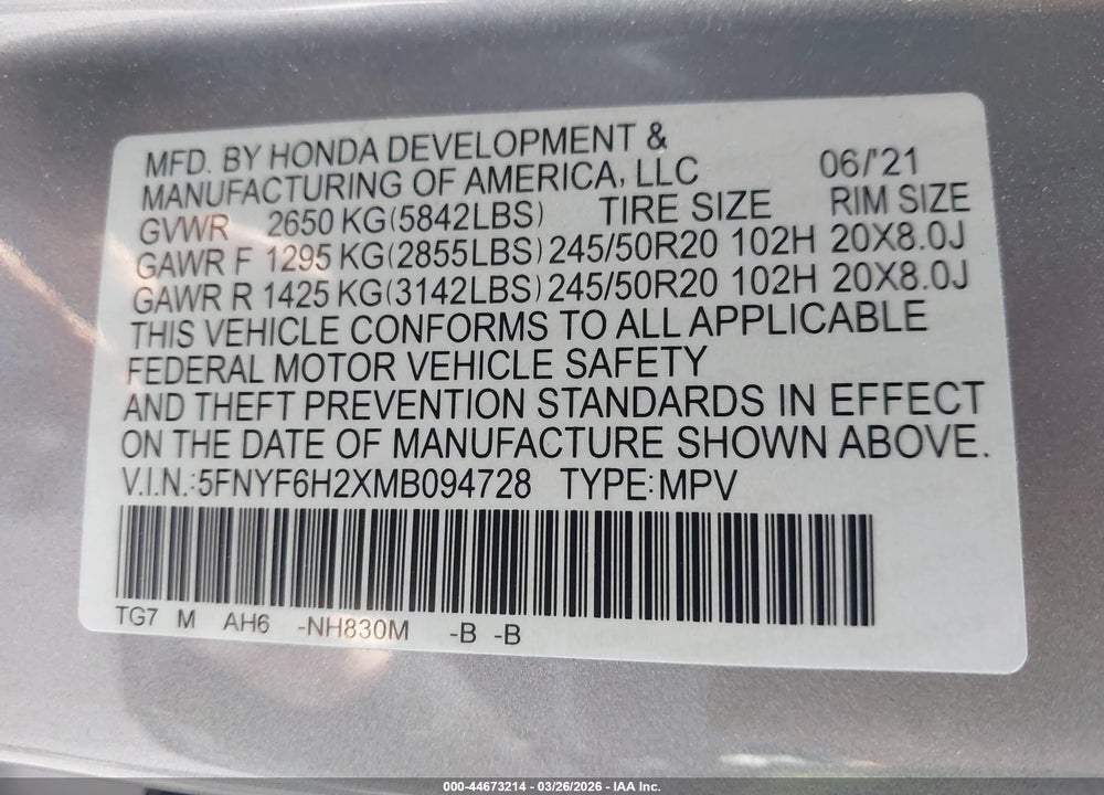 2021 HONDA PILOT AWD SPECIAL EDITION VIN: 5FNYF6H2XMB094728