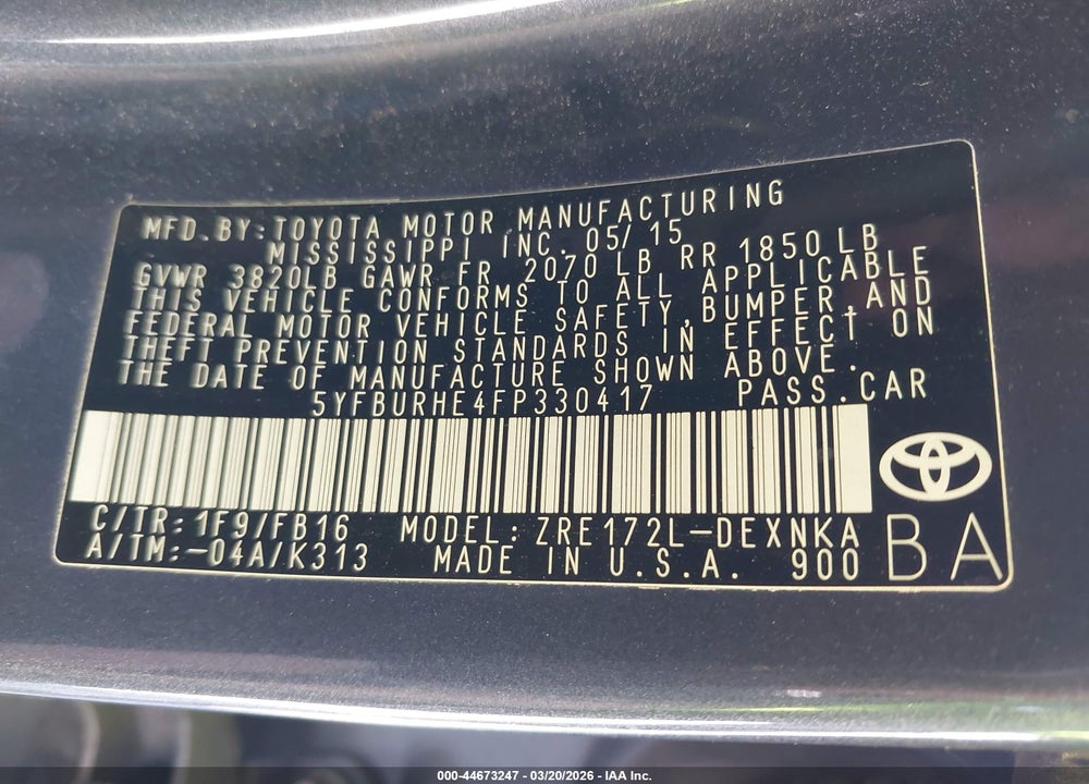 2015 TOYOTA COROLLA LE PLUS VIN: 5YFBURHE4FP330417
