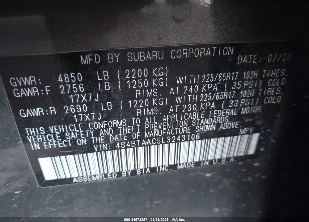 2020 SUBARU OUTBACK VIN: 4S4BTAAC5L3243106