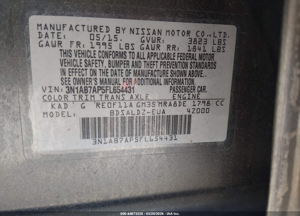 2015 NISSAN SENTRA FE+ S/S/SL/SR/SV VIN: 3N1AB7AP5FL654431