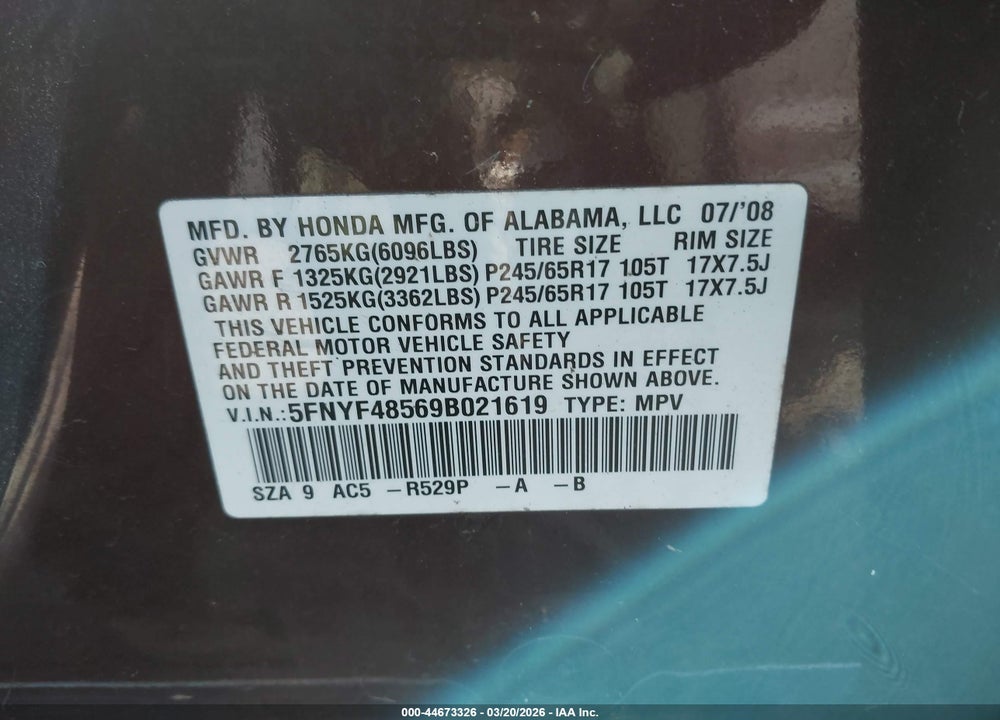 2009 HONDA PILOT EX-L VIN: 5FNYF48569B021619
