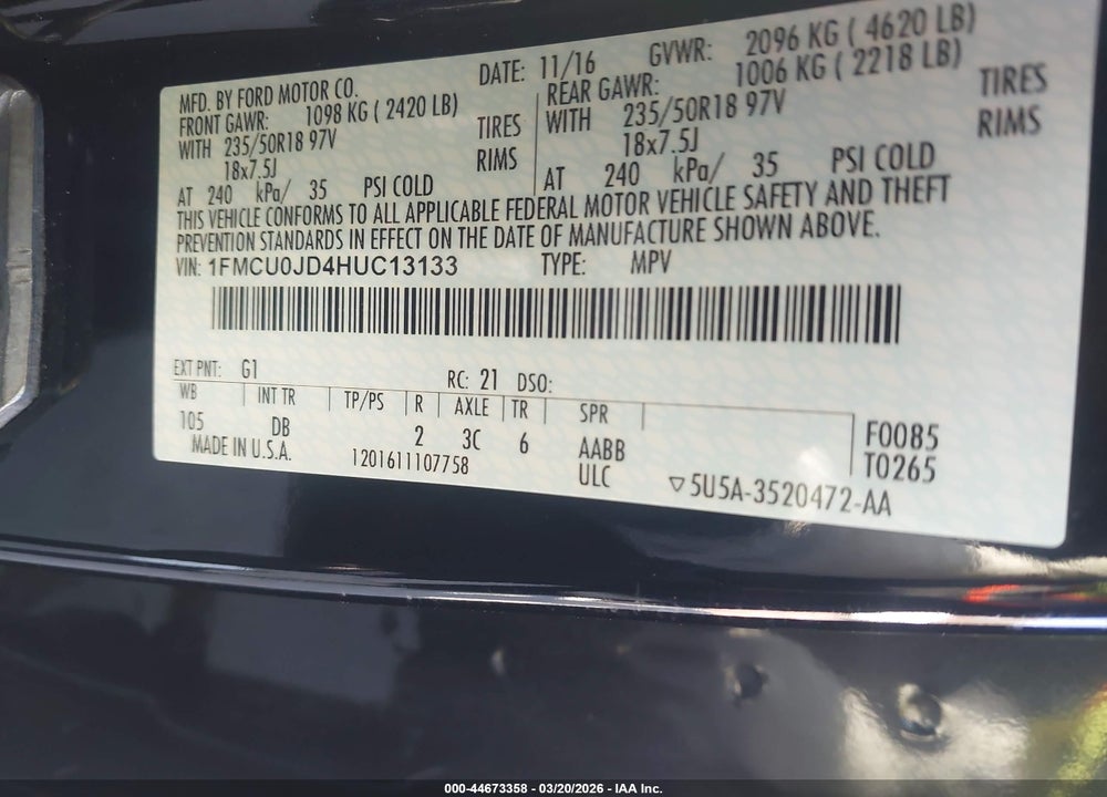 2017 FORD ESCAPE TITANIUM VIN: 1FMCU0JD4HUC13133