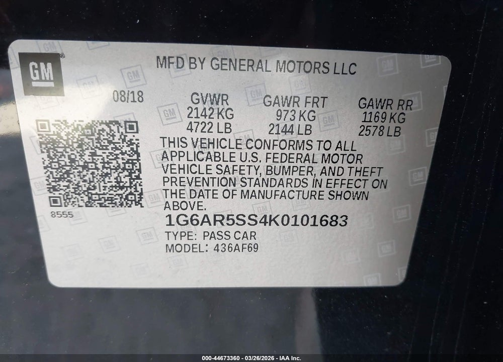 2019 CADILLAC CTS LUXURY VIN: 1G6AR5SS4K0101683