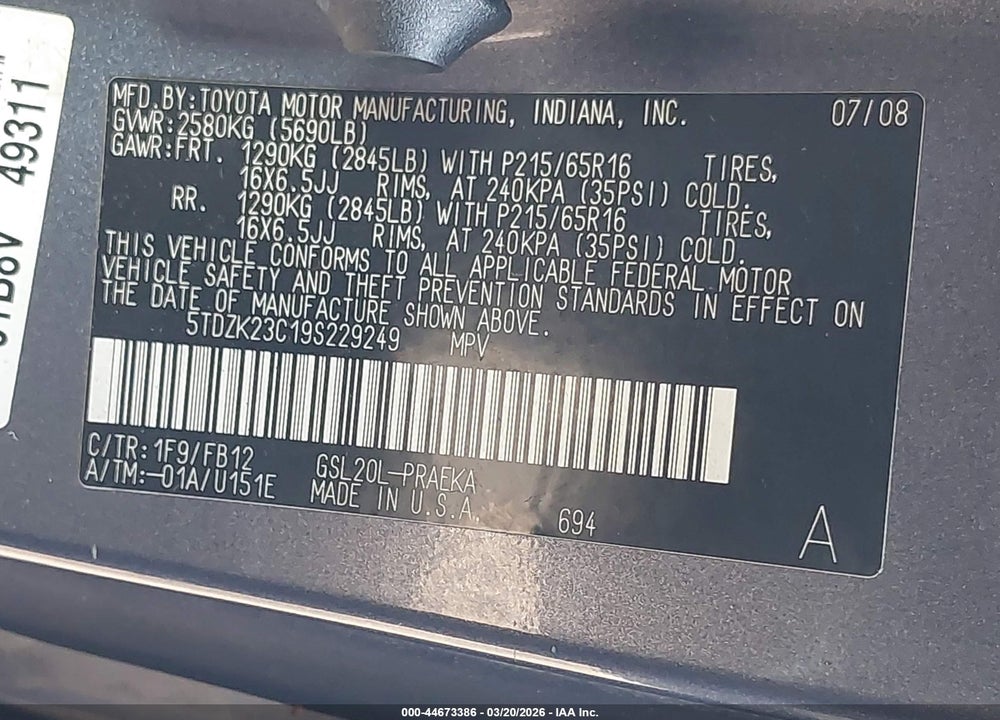 2009 TOYOTA SIENNA CE VIN: 5TDZK23C19S229249