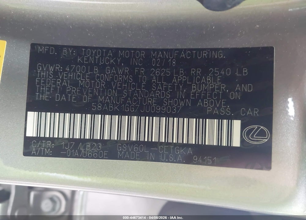 2018 LEXUS ES 350 VIN: 58ABK1GG7JU099037