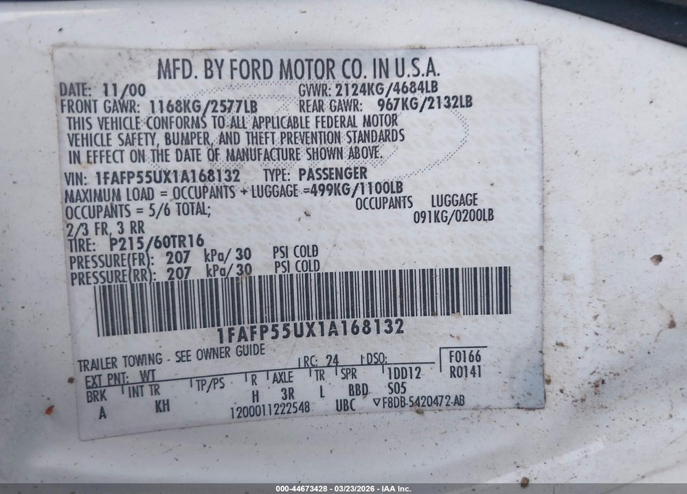 2001 FORD TAURUS SES VIN: 1FAFP55UX1A168132