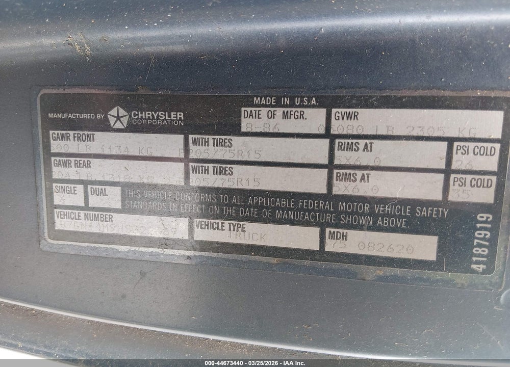 1987 DODGE DAKOTA VIN: 1B7GN14M9HS322669