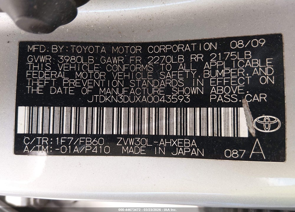 2010 TOYOTA PRIUS III VIN: JTDKN3DUXA0043593