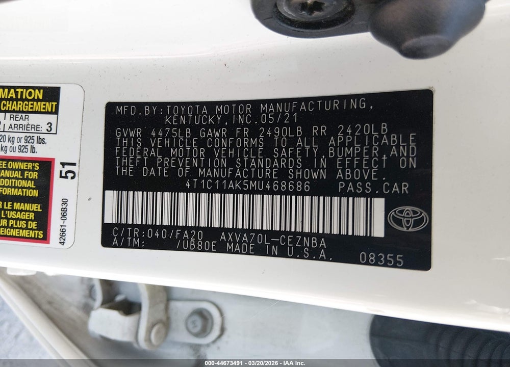 2021 TOYOTA CAMRY LE VIN: 4T1C11AK5MU468686