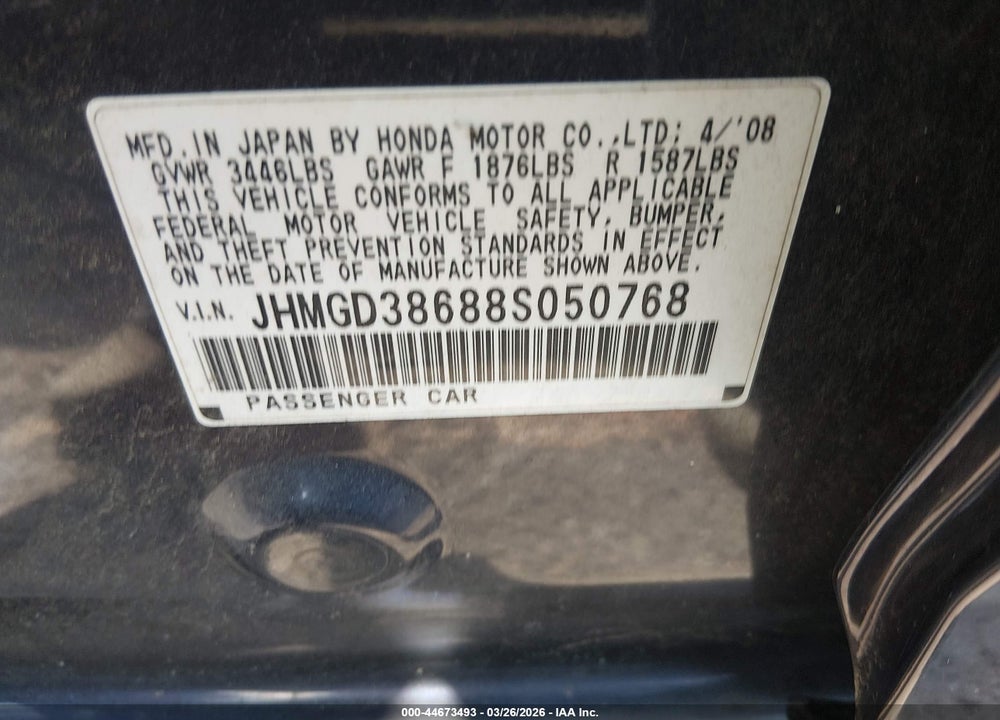 2008 HONDA FIT SPORT VIN: JHMGD38688S050768