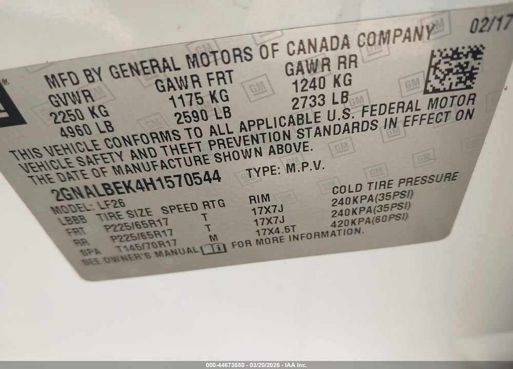 2017 CHEVROLET EQUINOX LS VIN: 2GNALBEK4H1570544