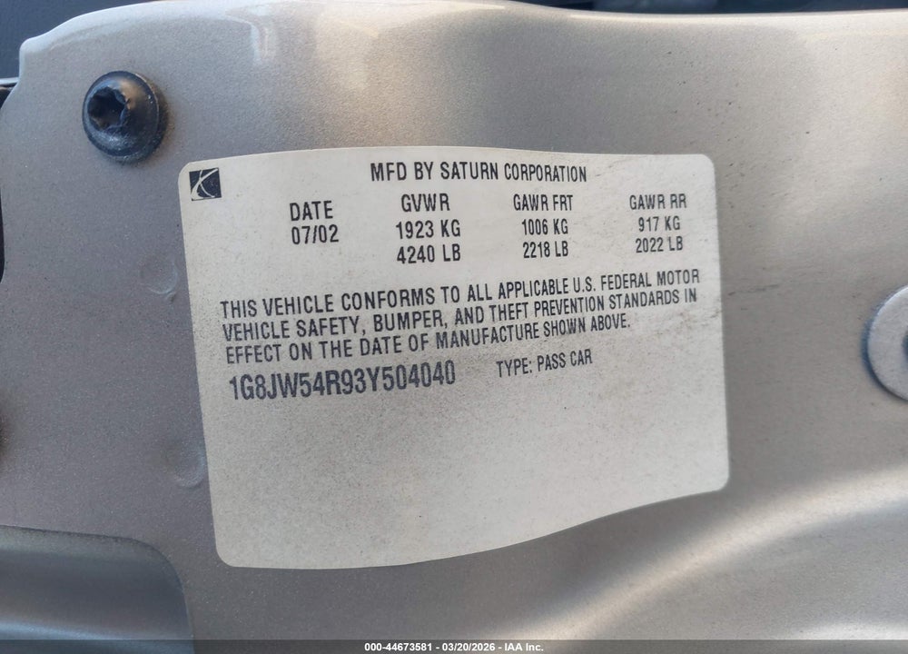 2003 SATURN L-SERIES L300 VIN: 1G8JW54R93Y504040