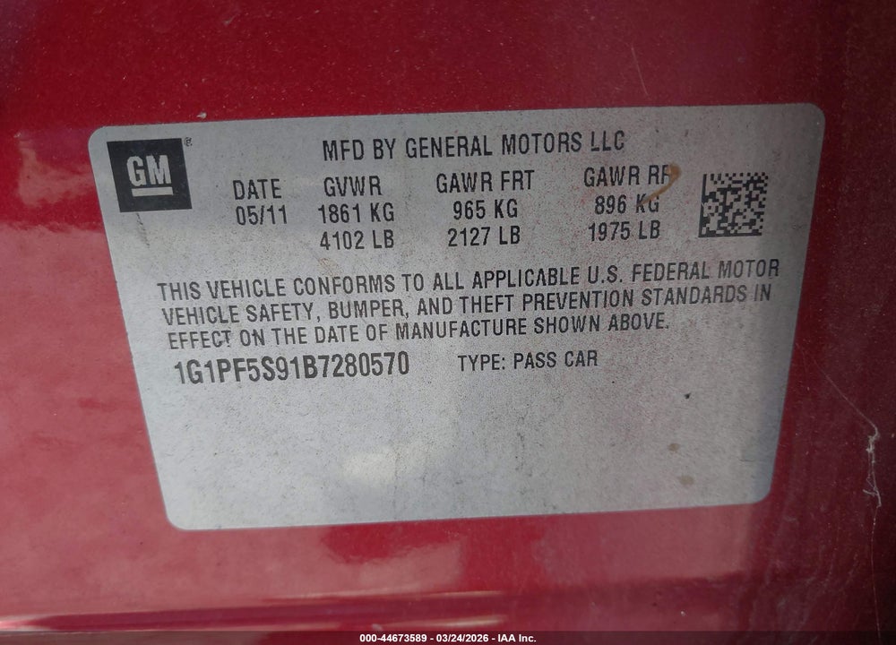 2011 CHEVROLET CRUZE 1LT VIN: 1G1PF5S91B7280570