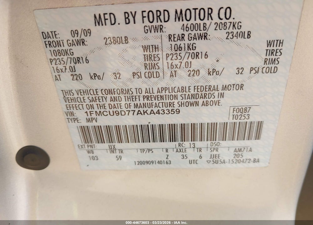 2010 FORD ESCAPE XLT VIN: 1FMCU9D77AKA43359