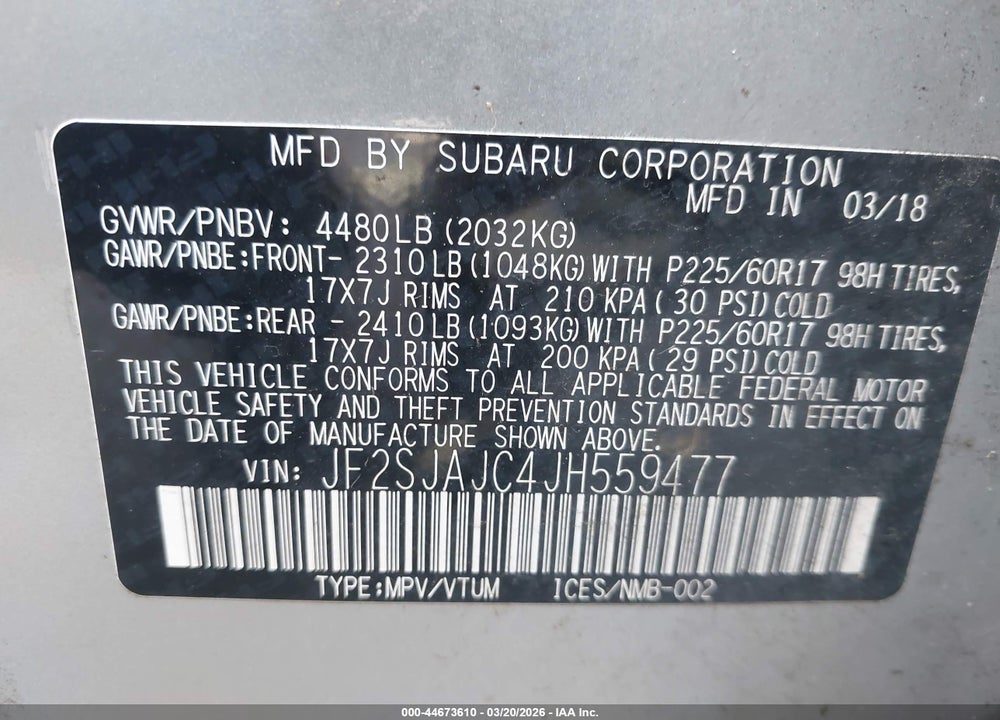 2018 SUBARU FORESTER 2.5I LIMITED VIN: JF2SJAJC4JH559477