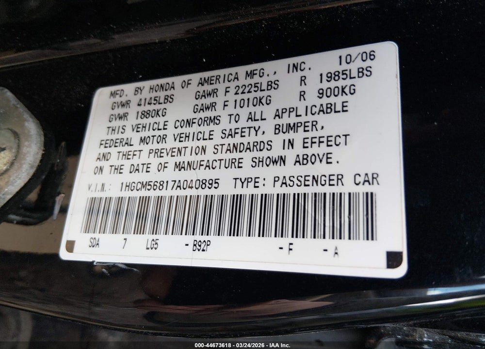 2007 HONDA ACCORD 2.4 EX VIN: 1HGCM56817A040895