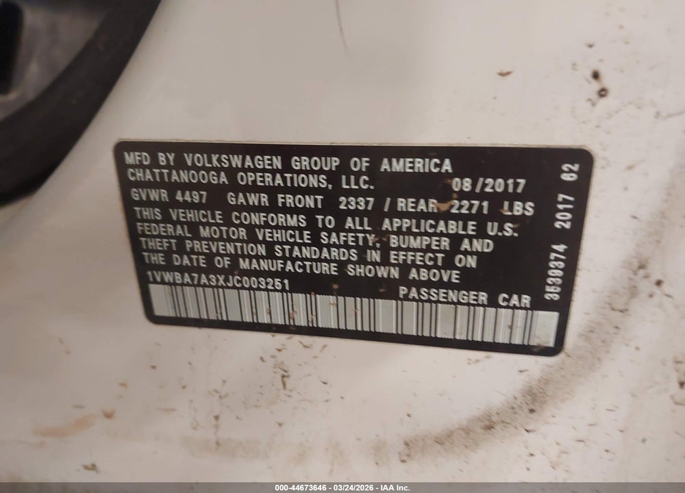 2018 VOLKSWAGEN PASSAT 2.0T SE VIN: 1VWBA7A3XJC003251