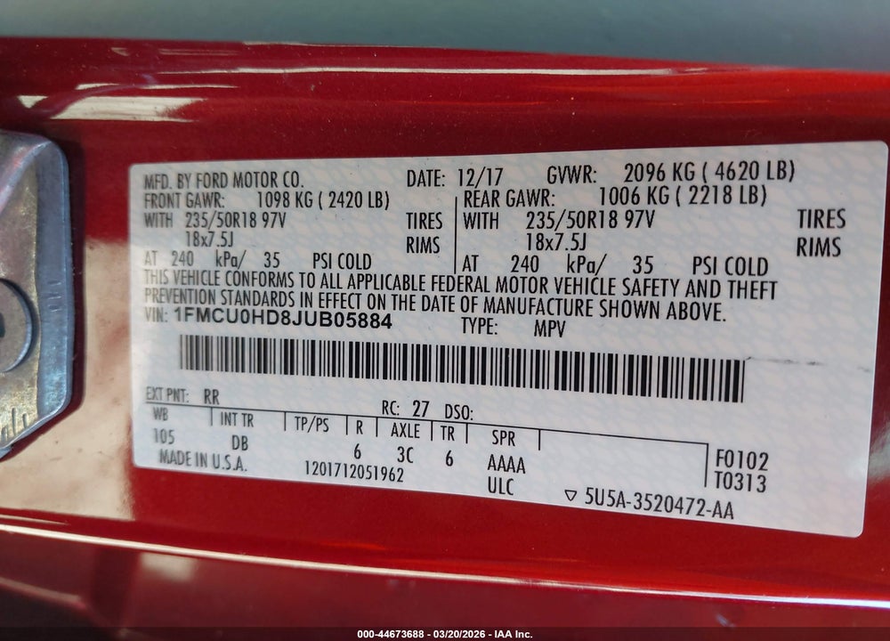 2018 FORD ESCAPE SEL VIN: 1FMCU0HD8JUB05884