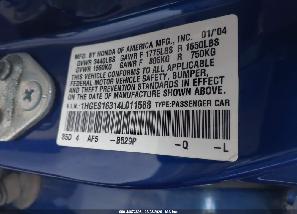 2004 HONDA CIVIC VP VIN: 1HGES16314L011568