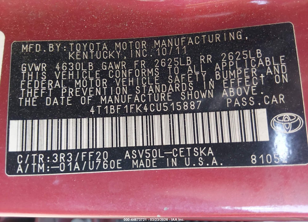 2012 TOYOTA CAMRY BASE VIN: 4T1BF1FK4CU515887