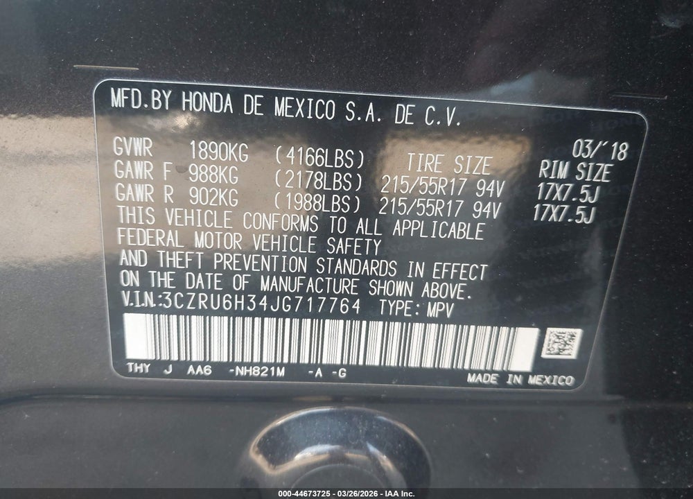 2018 HONDA HR-V LX VIN: 3CZRU6H34JG717764