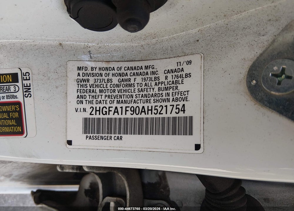 2010 HONDA CIVIC EX-L VIN: 2HGFA1F90AH521754