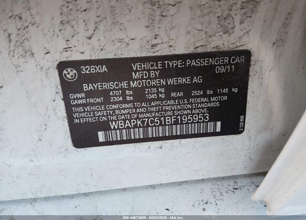 2011 BMW 328I XDRIVE VIN: WBAPK7C51BF195953