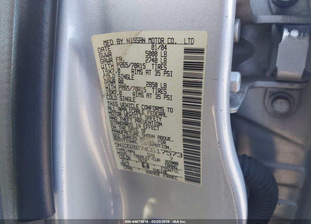2004 NISSAN XTERRA XE I4 VIN: 5N1DD28T74C617573