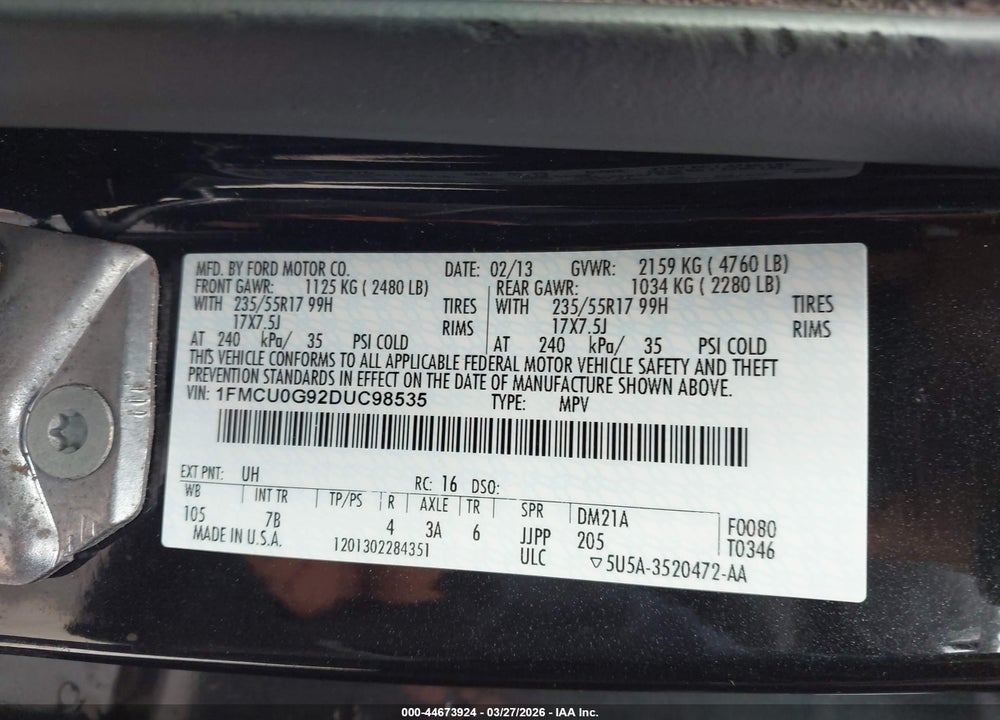 2013 FORD ESCAPE SE VIN: 1FMCU0G92DUC98535
