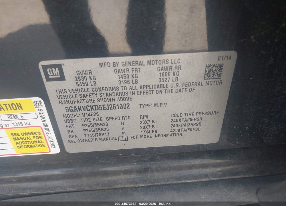 2014 BUICK ENCLAVE PREMIUM VIN: 5GAKVCKD5EJ261302