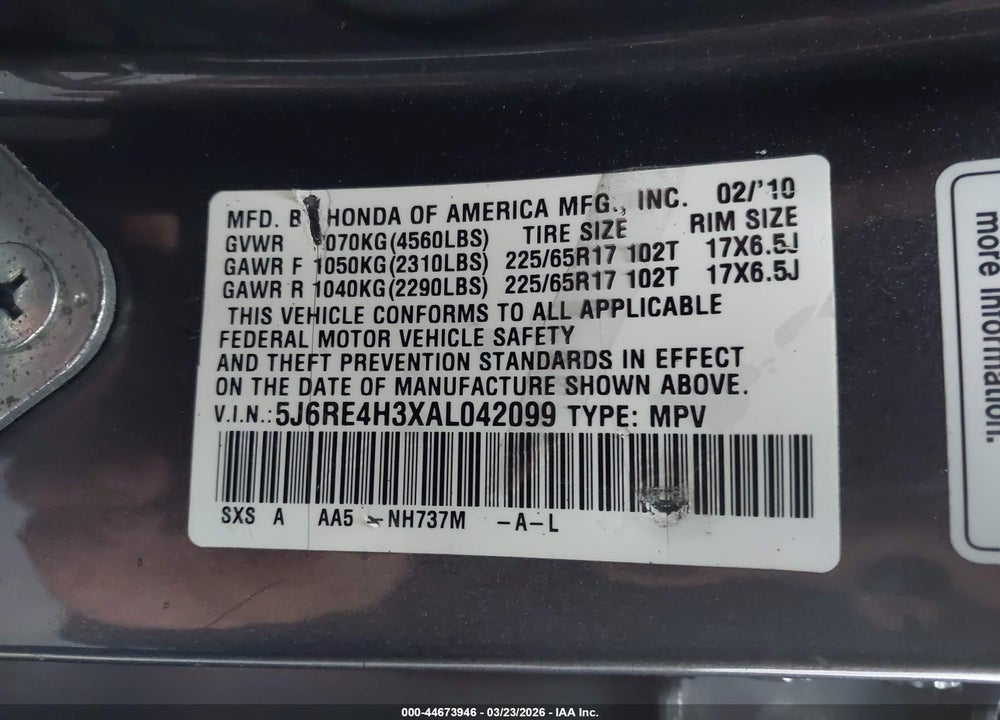 2010 HONDA CR-V LX VIN: 5J6RE4H3XAL042099